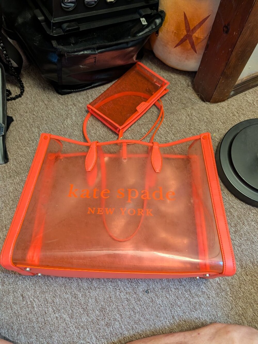Kate Spade New York Clear PVC Orange Tote Bag + Matching Pouch Set